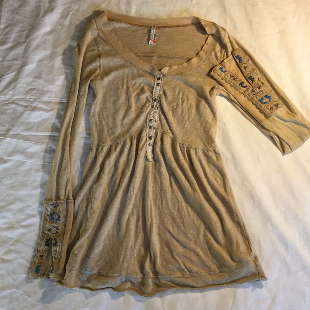 Free People button front Embroidered sleeve top